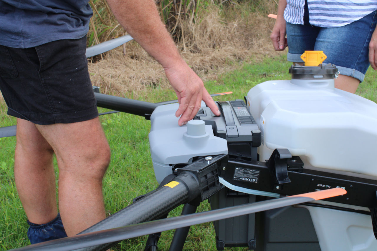 Equipped with a 40-liter tank, the drones scan the ground and spray the correct amount of liquid on only the necessary crops. Credit: CANEGROWERS Herbert River