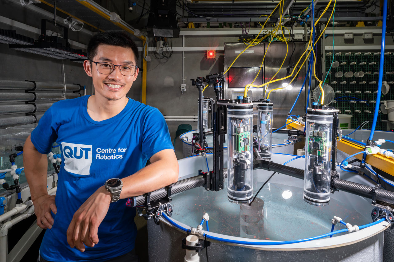 Dorian and his CSLICS, a camera system designed to capture images of coral spawn. Supplied: Dorian Tsai