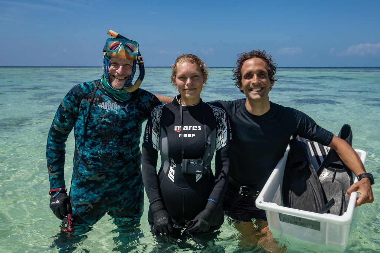 Chris (right) co-leads the Moving Corals team with Peter Harrison (left), pictured with PhD candidate Christina Langley. Credit: Southern Cross University