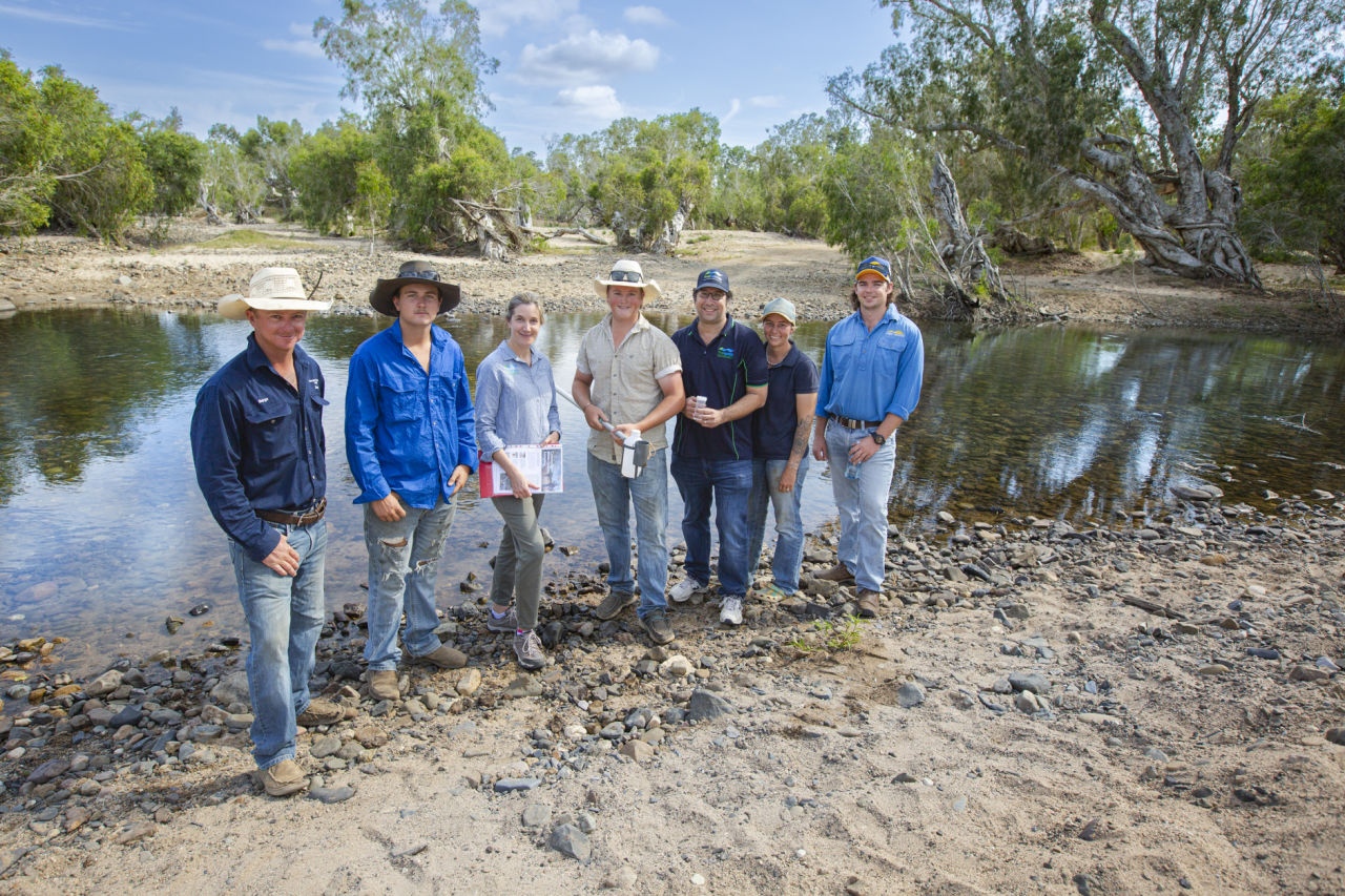Pictured R-L Tristan Gibson, NQ Dry Tropics, Olivia Burgess, Stephen Lewis, TropWATER, Bo Burgess, Zoe Bainbridge, TropWATER and Billy and Cody Burgess. NQ Dry Tropics