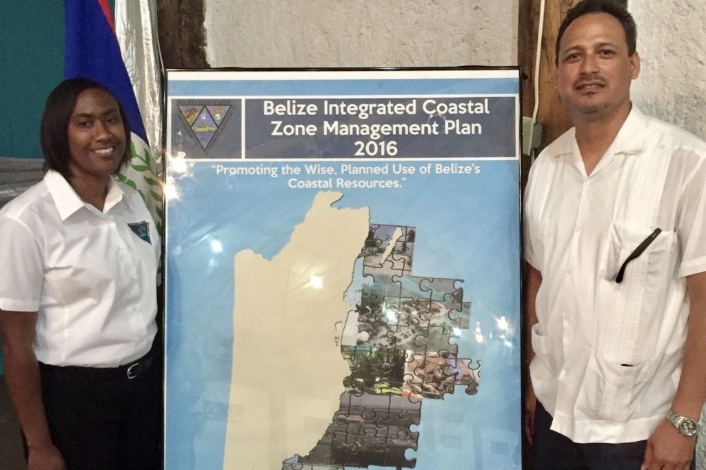 Chantalle with Roberto Pott at the release of CZMAI's Intergrated Coastal Zone Management Plan for Belize in 2016.
