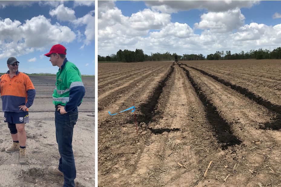 HCPSL agronomist Bailey Kilpatrick discusses soil with grower Andrew Irving. Andrew is using strategically applied mill by-products to selected blocks on his farm to improve his organic carbon levels and the soil structure. Credit: HCPSL.