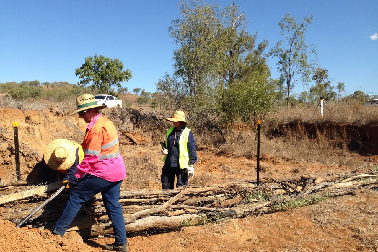 Constructing porous check dams to slow flow and trap sediment.