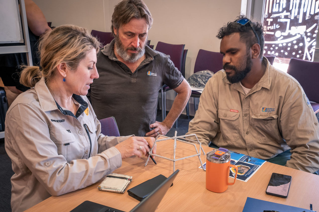 Traditional Owner Restoration Workshop at Ningaloo (from left to right: Michaela Dommisse, Peter Barnes, Alex Murphy). Credit: Joel Johnsson.