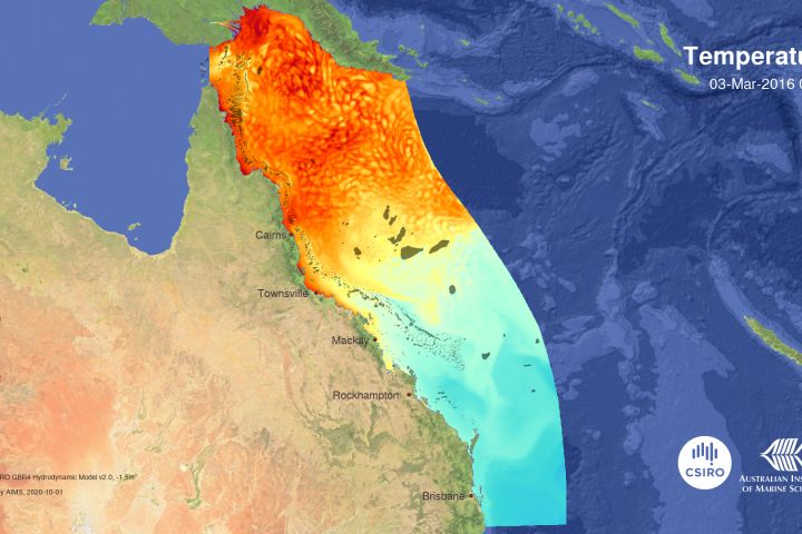 Hydrodynamic model of the Great Barrier Reef, showing temperature. Credit: AIMS and CSIRO